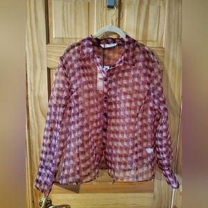 NWT - Zara Printed Organza Shirt in Red/Burgundy/ White - Size XXL